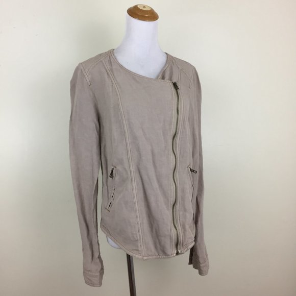 LUCKY BRAND Stone/Beige Asymmetric Zip Front Zippered Pockets Linen Blend Jacket - Picture 4 of 9